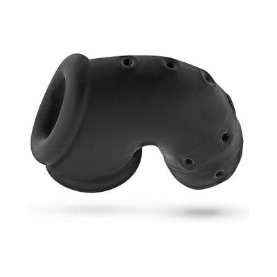 Black Airlock Air-Lite vented chastity cage with multiple ventilation holes and a built-in sling base design.