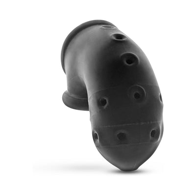 Black vented silicone chastity cage with multiple ventilation holes and a built-in sling base for secure fit.