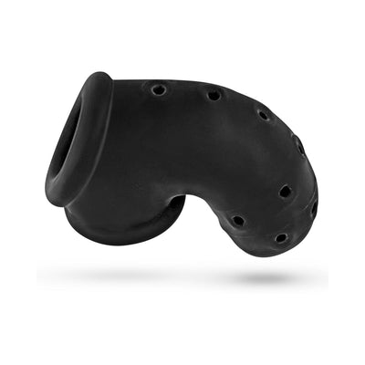 Black soft silicone vented chastity cage with multiple ventilation holes and ergonomic curved design.