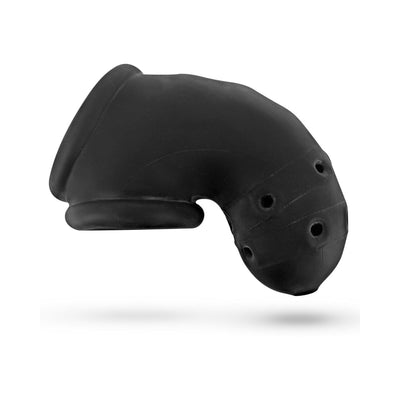 Black Airlock Air-Lite vented chastity cage with ventilation holes and built-in sling base, made of soft silicone material.