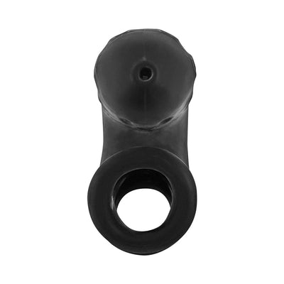 Black Airlock Air-Lite vented chastity cage made of soft silicone with ventilation and drainage holes.
