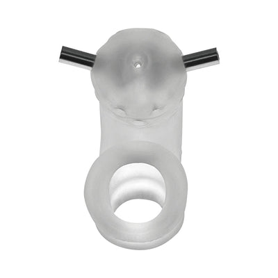 Clear frosted vented chastity cage with built-in sling and metal rods for electro contacts.