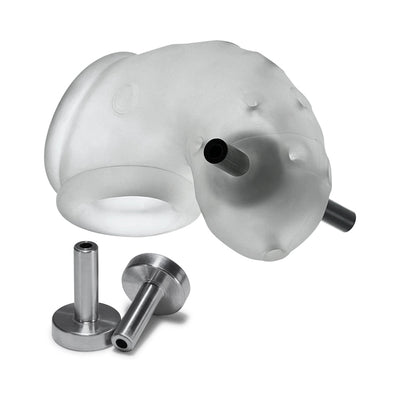 Clear frosted vented chastity cage with two metal electro contact pins on white background.