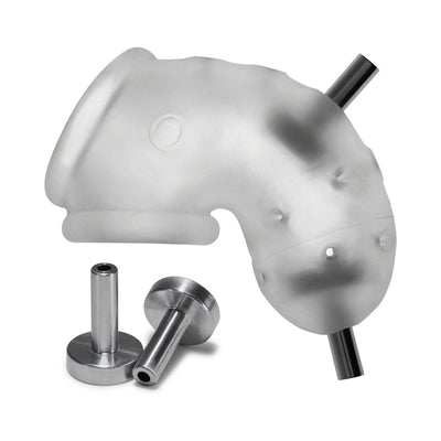 Clear frosted vented chastity cage with two metal electro contacts displayed beside it.