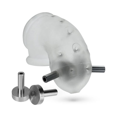 Clear frosted vented chastity cage with metal electro contact pins and two additional 4mm metal electro contacts.