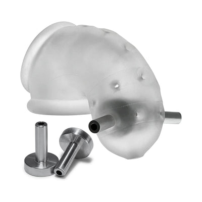 Clear frosted vented chastity cage with metal electro contact pins on white background