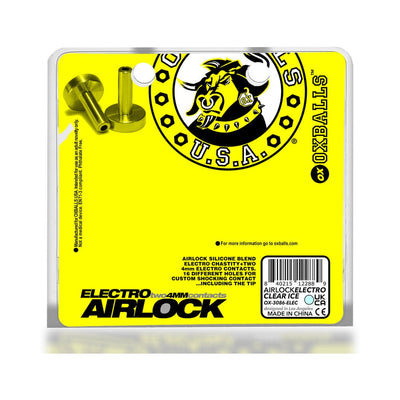 Two small metallic 4mm electro contacts displayed on bright yellow Oxballs Airlock Electro packaging.