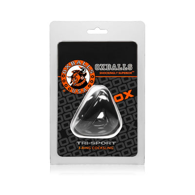 Oxballs Atomic Jock Tri-Sport 3-ring black cockring in clear retail packaging with branded card insert.