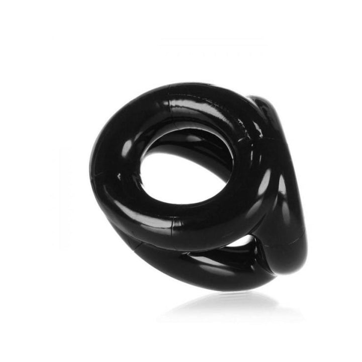 Black triple ring sling cockring made of flexible, glossy material for comfortable support and enhanced fit.