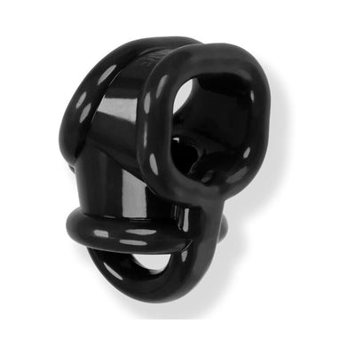 Black flexible ergonomic ball-sling ring made from smooth SuperFLEXtpr material with multiple loops and compact design.