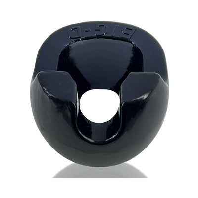 Black oval-shaped Oxballs Big-D shaft grip cockring with top gripper flanges and smooth glossy finish.