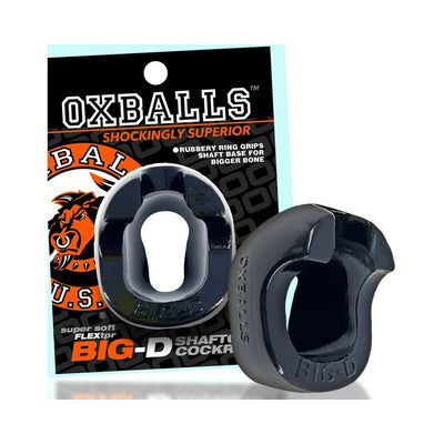 Black oval-shaped Oxballs Big-D shaft grip cockring with packaging showing logo and product details.