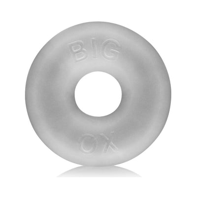 Translucent gray silicone cock ring with embossed Big Ox branding and a smooth, rounded design.