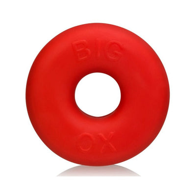 Red Big Ox cock ring with smooth, thick design and embossed branding, shown on white background.