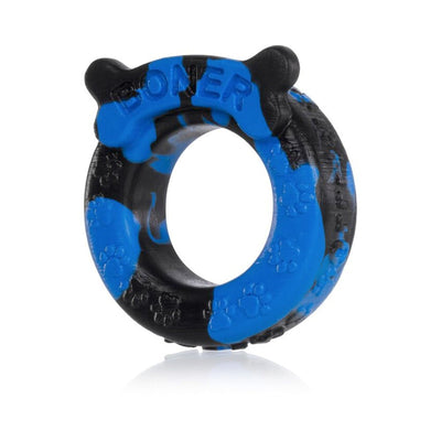 Black and blue silicone cockring with puppy paw prints and bone-shaped detail embossed with the word Boner