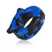 Blue and black silicone cockring with puppy-themed design and bone-shaped dog tag detail.