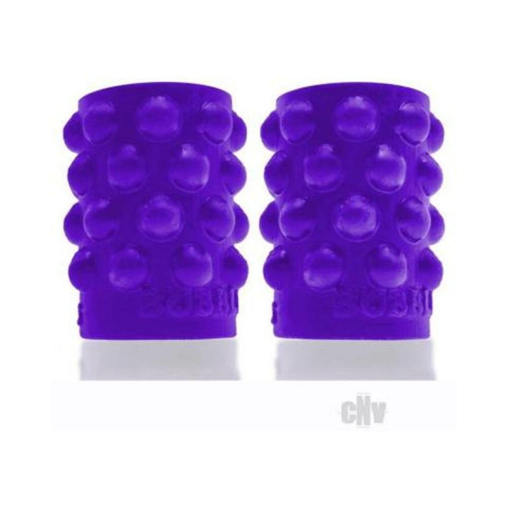 Pair of eggplant purple silicone nipsuckers with raised bubbles for grip and enhanced suction.