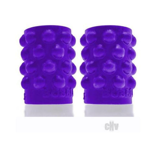 Pair of eggplant purple silicone nipsuckers with raised bubbles for grip and enhanced suction.