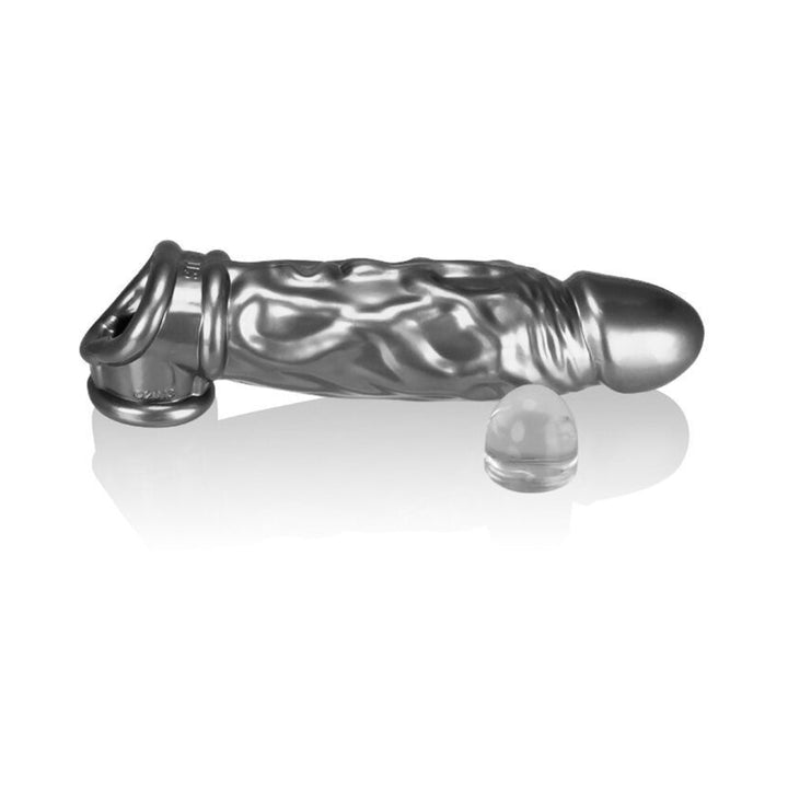 Butch veiny cocksheath in metallic steel color with built-in cock sling and adjustable bullet insert on white background.