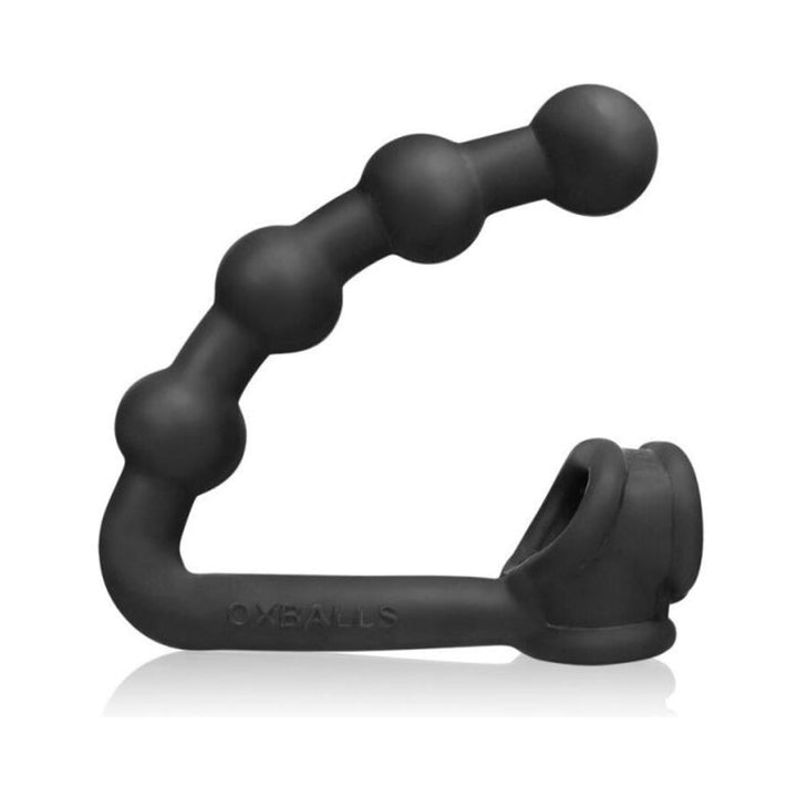 Black textured silicone cocksling and beaded buttplug combo with ergonomic design for dual stimulation.