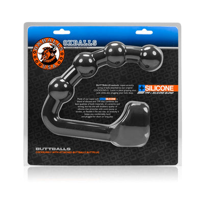 Oxballs Buttballs Asslock and Cocksling in Black Ice, featuring a stretchy textured plug and snug cocksling combo in premium silicone blend.