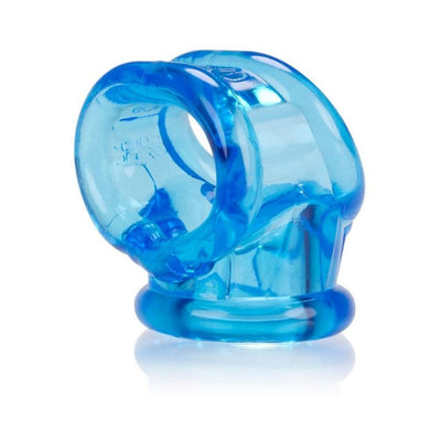 Transparent blue flexible silicone cockring with ergonomic design and dual loops for comfort and support.
