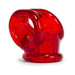 Red translucent ergonomic cockring with dual loops and anatomical design for comfort and enhanced pleasure.