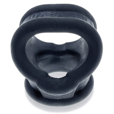 Black silicone cock and ball sling with smooth, stretchy design and ergonomic shape for support and enhancement.