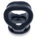 Black silicone cock and ball sling with smooth, stretchy design and ergonomic shape for support and enhancement.