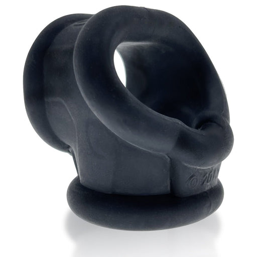 Black silicone cock and ball sling with a smooth, flexible design for support and enhancement.