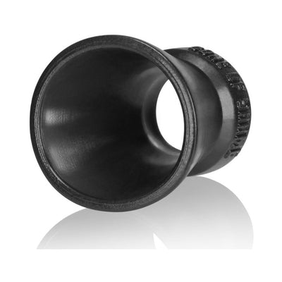 Black silicone cone-shaped chastity device with smooth interior and textured outer ring.