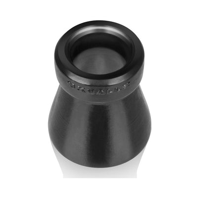 Black silicone Cone Of Shame chastity device with a tapered design and embossed Oxballs logo.