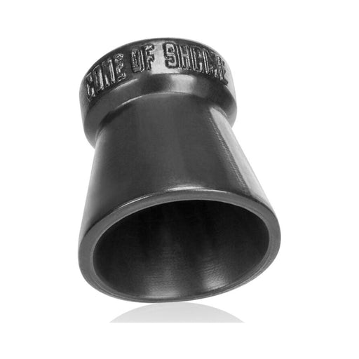 Black silicone Cone of Shame chastity device with embossed lettering on the ring edge, angled view on white background.