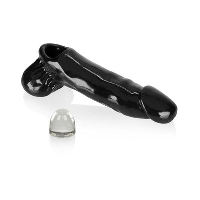 Black flexible cock sheath with wide flared head and separate clear bullet-shaped insert on white background.