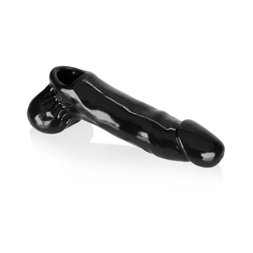 Black glossy flexible cock sheath with flared head and hollow chamber for adjustable fit, designed for comfort and durability.