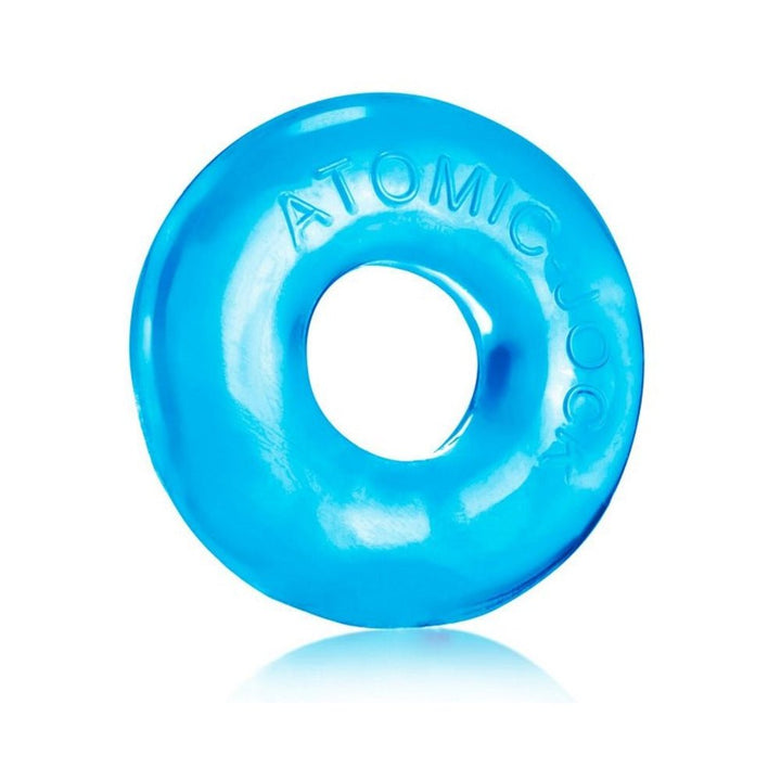 Ice blue translucent stretchy ring with embossed Atomic Jock branding on smooth surface