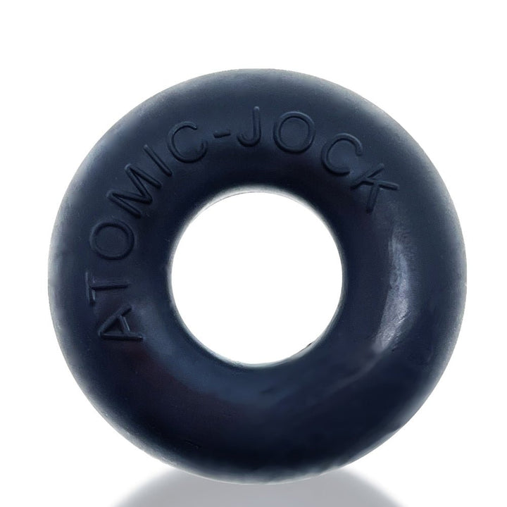 Black silicone cockring with embossed Atomic-Jock branding, smooth matte finish, round donut shape.