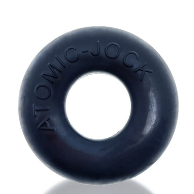 Black silicone cockring with embossed Atomic-Jock branding, smooth matte finish, round donut shape.