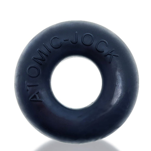 Black silicone cockring with embossed Atomic-Jock branding, smooth matte finish, round donut shape.