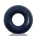 Black silicone cockring with embossed Atomic-Jock branding, smooth matte finish, round donut shape.