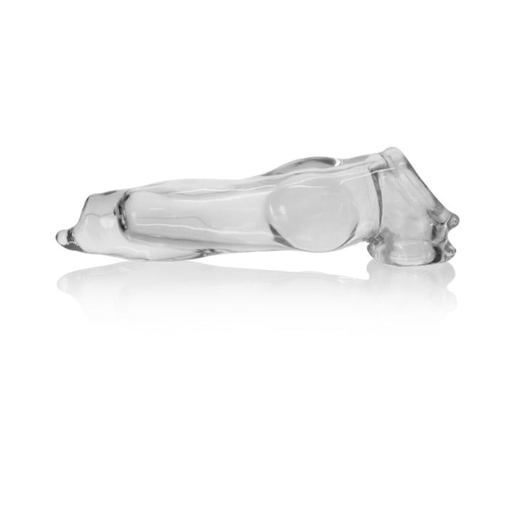 Clear flexible cocksheath with adjustable fit and testicle sling made from smooth FLEX-TPR material.