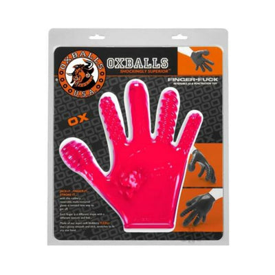 Hot pink textured flexible glove by OxBalls designed for varied sensations, shown in retail packaging.