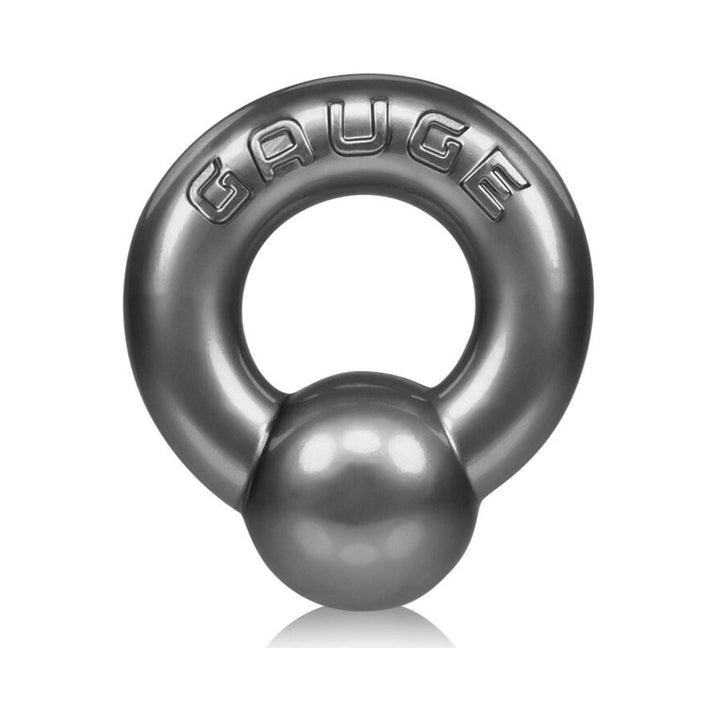 Steel gray Oxballs Gauge cockring with embossed lettering and smooth rounded design on white background.