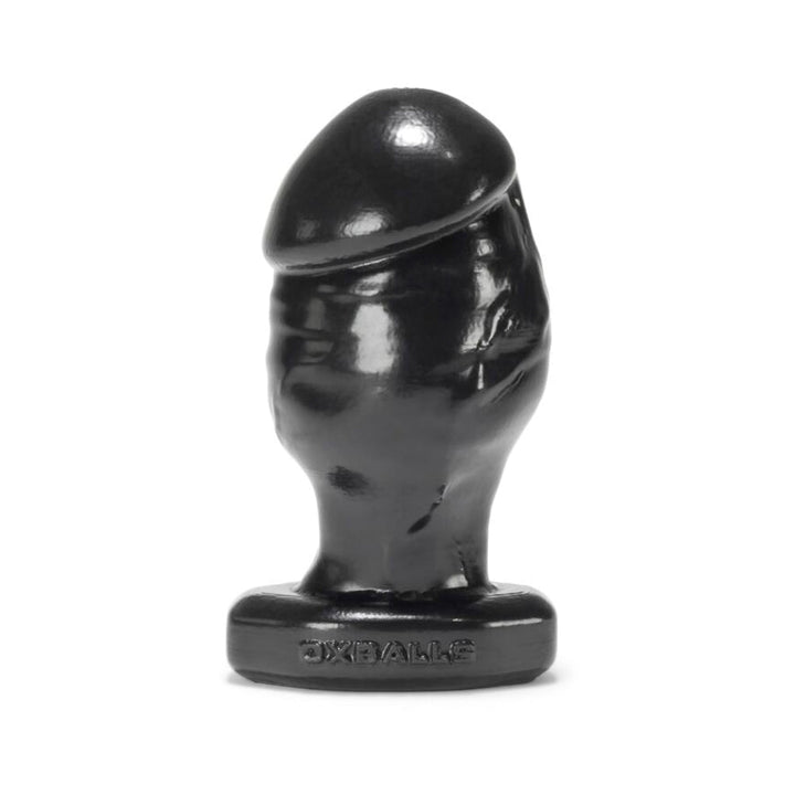 Medium-sized black silicone butt plug with a tapered, smooth design and a sturdy base embossed with the brand name.