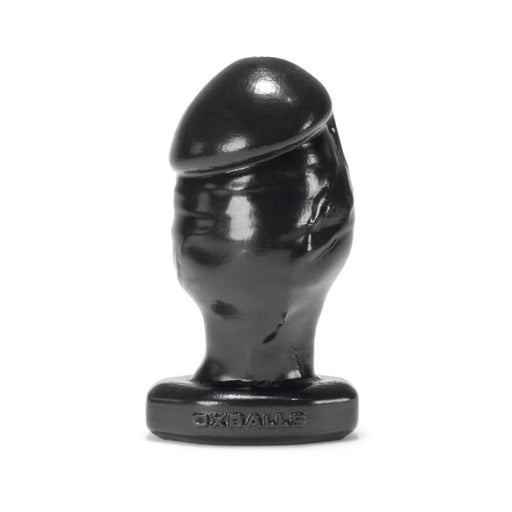 Medium-sized black silicone butt plug with a tapered, smooth design and a sturdy base embossed with the brand name.