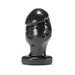 Medium-sized black silicone butt plug with a tapered, smooth design and a sturdy base embossed with the brand name.