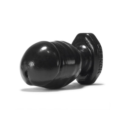 Black medium-sized silicone butt plug with a tapered, smooth design and a flared base for safety.
