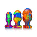 Set of three medium-sized rainbow-colored silicone buttplugs with a textured, veiny design and flared bases.