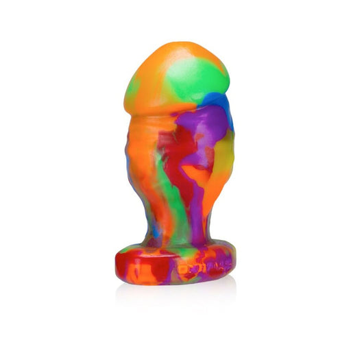 Medium-sized rainbow-colored silicone buttplug with a flared base and textured design.