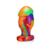 Medium-sized rainbow-colored silicone buttplug with a flared base and textured design.